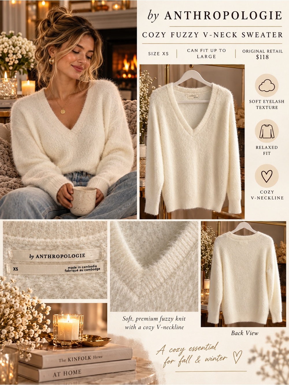 Anthropologie Cozy Fuzzy V-Neck Sweater V-Neck Sweater in White Size XS Like New